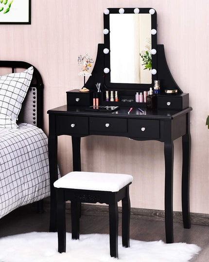 Vanity Set with Lighted Mirror, 10 Dimmable Light Bulbs Vanity Dressing Table, 5 Drawer with 2 Dividers Removable Organizer - Giantexus