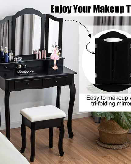Vanity Table Set with Tri-Folding Mirror and 4 Drawers - Giantexus