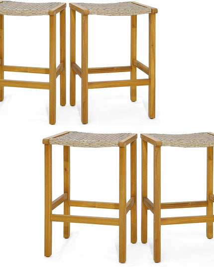 Giantex Patio Wood Bar Stools Set of 2, Acacia Wood Bar Stools w/Rattan Woven Seat
