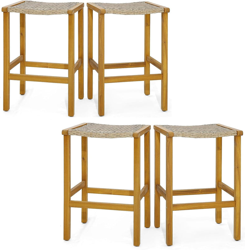 Giantex Patio Wood Bar Stools Set of 2, Acacia Wood Bar Stools w/Rattan Woven Seat