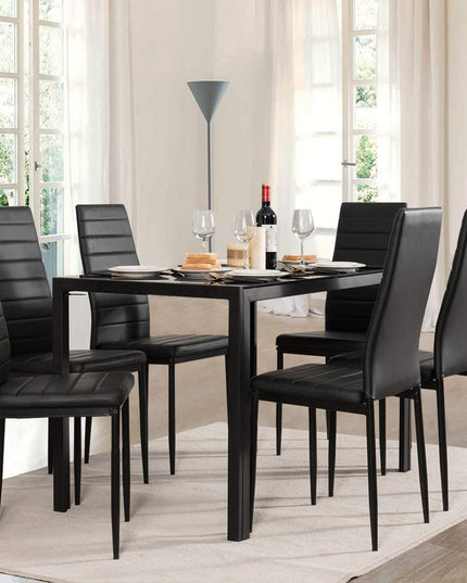 Giantex Kitchen Dining Table Set, Glass Tabletop Dining Room Set with Leather Padded 6 Chairs, Black