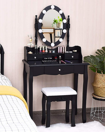 CHARMAID | Vanity Set with Lighted Oval Mirror, Makeup Dressing Table with 10 LED Dimmable Bulbs and 3 Drawers - Giantexus