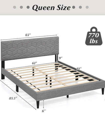 Lit plateforme moderne Giantex avec tête de lit géométrique en tissu de lin | Pas besoin de sommier tapissier