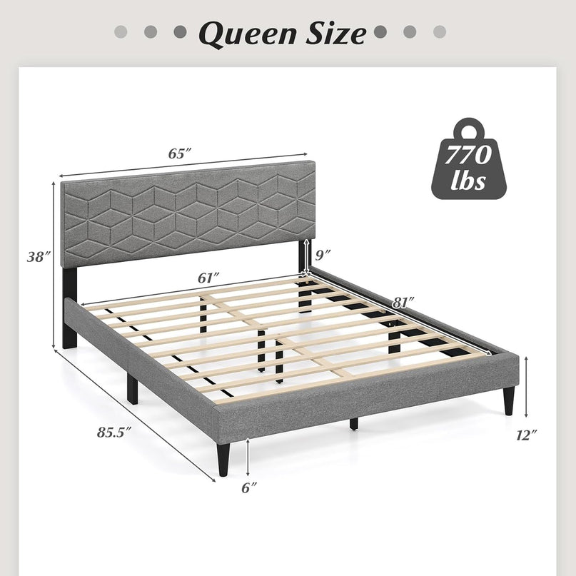 Giantex Modern Platform Bed with Linen Fabric Geometric Headboard | No Box Spring Needed