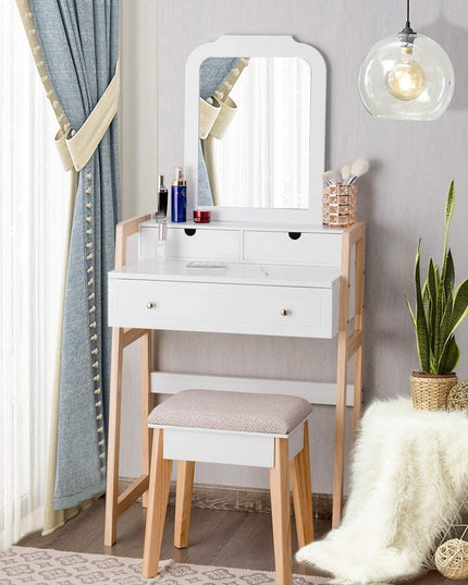 CHARMAID Vanity Set with 2-Tier Tabletop & 3 Drawers, 25inch Dressing Table with Large Mirror and Cushioned Stool - Giantexus