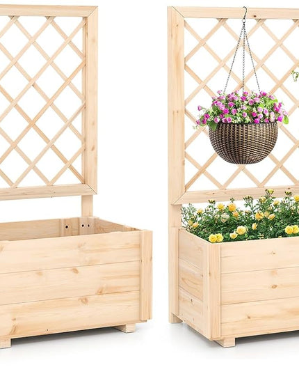 Giantex Wood Elevated Planter Box with Trellis and Drainage Hole (39”x14”x40”)