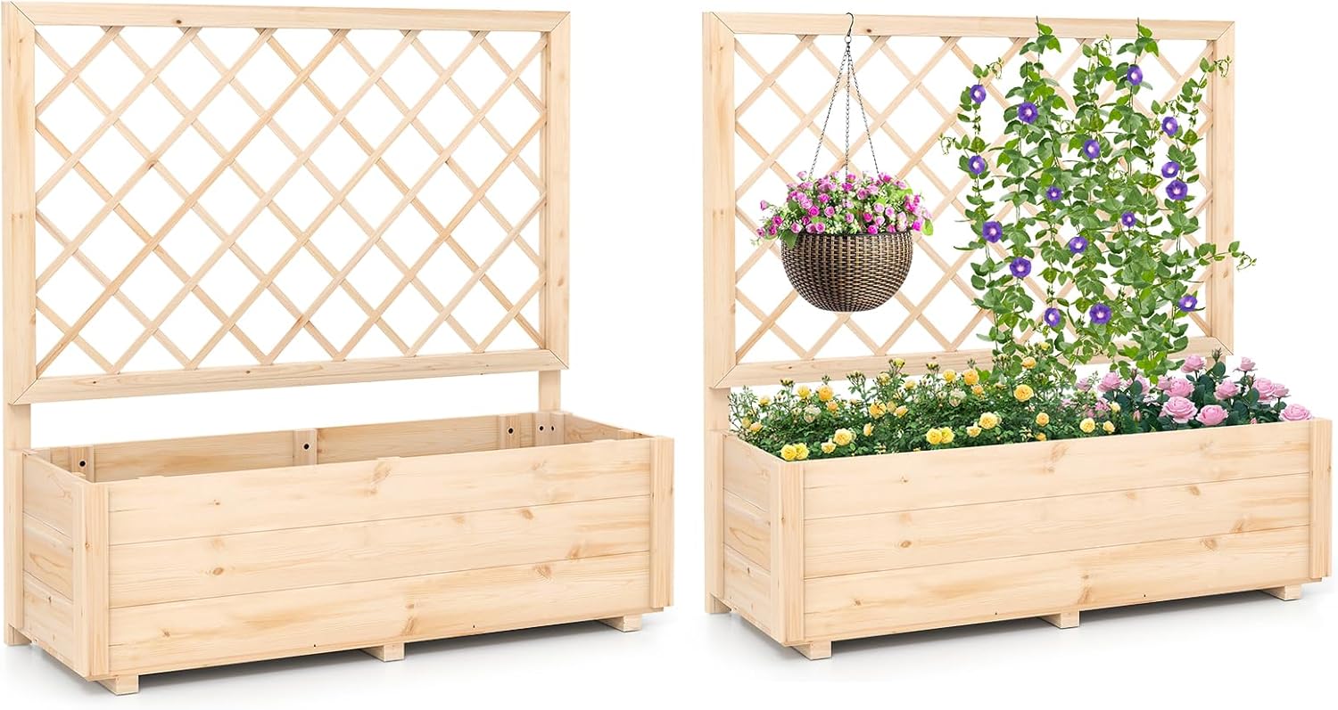 Giantex Wood Elevated Planter Box with Trellis and Drainage Hole (39”x14”x40”)