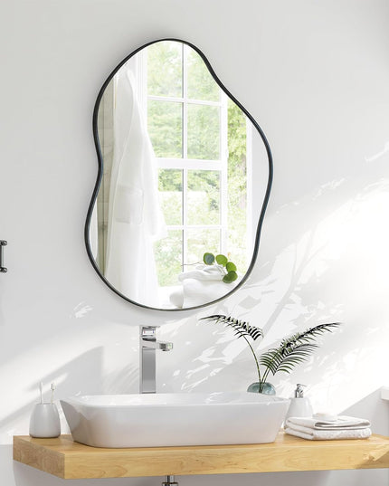 CHARMAID Irregular Wall Mirror, Asymmetrical Mirror Wall Mounted with Metal Frame and Wood Back Broad