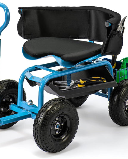 Giantex Rolling Garden Cart, 360 Swivel Workseat with 4 Wheels, Removal Cushion & Tool Tray, Storage Basket