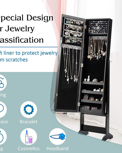 Jewelry Cabinet with Full-Length Mirror, Standing Jewelry Armoire Organizer