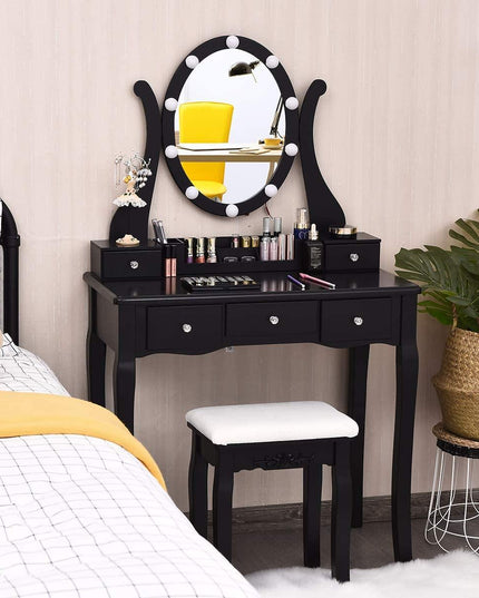 CHARMAID | Vanity Table Set with Lighted Mirror, Makeup Dressing Table with 10 LED Lights, Touch Switch, 5 Drawers - Giantexus