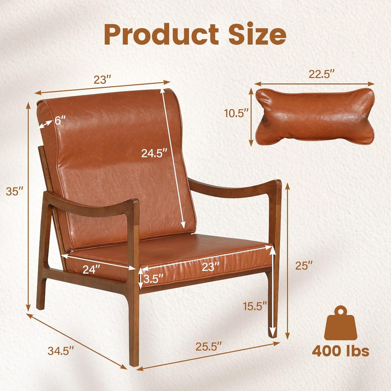 Giantex Mid-Century Faux Leather Upholstered Armchair with Lumbar Pillow (1/2)