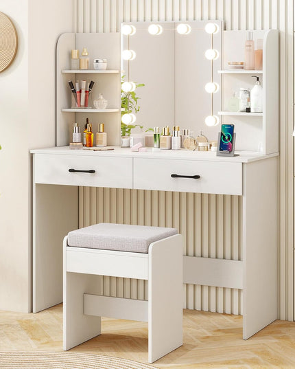 CHARMAID Vanity Desk with Mirror and Lights, Black Makeup Vanity Table with Large Drawers, Storage Shelve