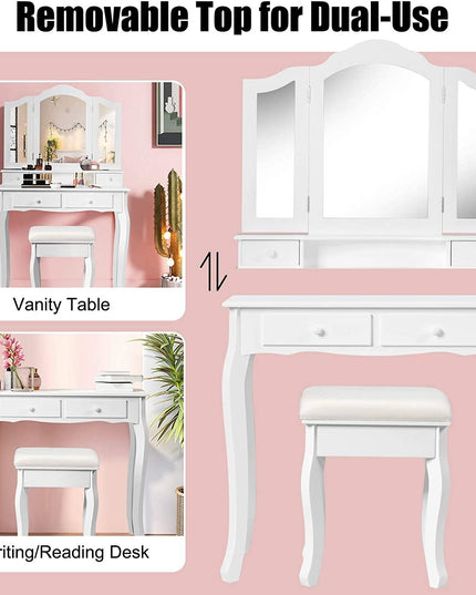 Vanity Table Set with Tri-Folding Mirror and 4 Drawers - Giantexus