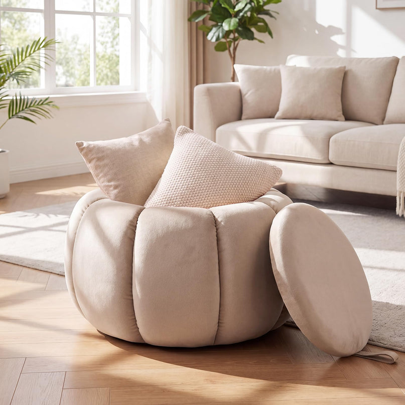 GIANTEX Pumpkin Shaped Round Ottoman Coffee Table with Storage & Removable Lid