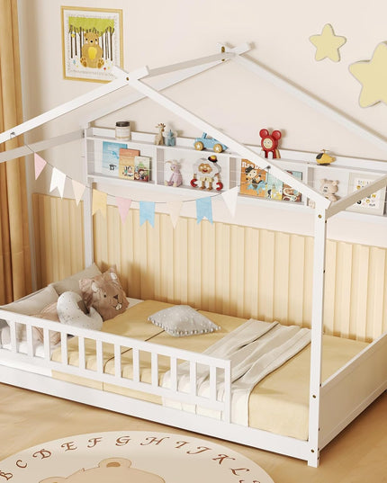 Giantex Twin Floor House Bed with Storage Shelf, Wood Twin Bed Frames with Headboard & Guardrail