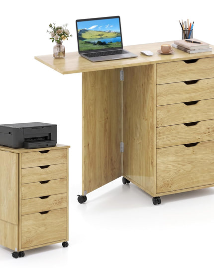 GIANTEX 5-Drawer Wood Compact Foldable Drop-Leaf Computer Desk with Wheels