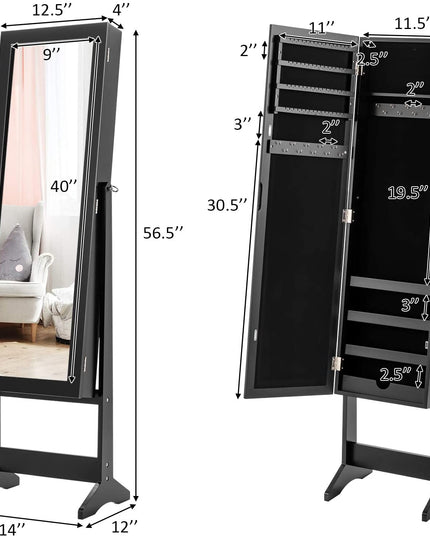 Jewelry Cabinet with Full-Length Mirror, Standing Jewelry Armoire Organizer