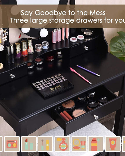 CHARMAID | Vanity Set with Lighted Oval Mirror, Makeup Dressing Table with 10 LED Dimmable Bulbs and 3 Drawers - Giantexus