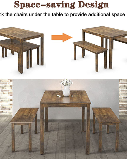 Wooden 3 Pcs Kitchen Dining Room Furniture for 4, Modern Studio Collection Table Set with 2 Benches, Dinette Set (Coffee Brown)