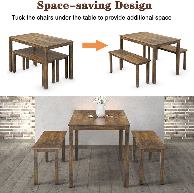 Wooden 3 Pcs Kitchen Dining Room Furniture for 4, Modern Studio Collection Table Set with 2 Benches, Dinette Set (Coffee Brown)