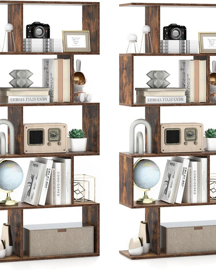 Giantex 5-Tier Geometric Bookshelf, 62.5" Tall Wood S-Shaped Bookcase with Anti-Tipping Device
