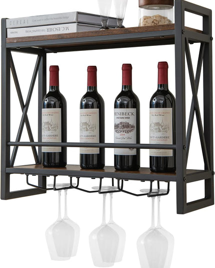 Giantex Industrial Wall-Mounted Wine Rack, 3 Tiers Metal Hanging Wine Shelf with Glass Holder
