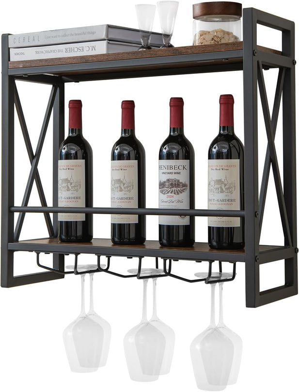 Giantex Industrial Wall-Mounted Wine Rack, 3 Tiers Metal Hanging Wine Shelf with Glass Holder
