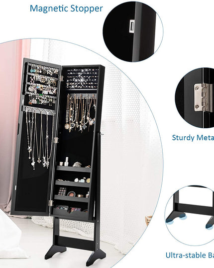 Jewelry Cabinet with Full-Length Mirror, Standing Jewelry Armoire Organizer