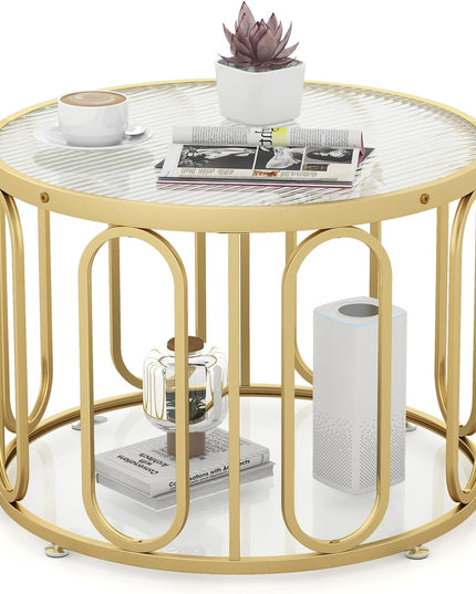 Giantex Small Round Glass Coffee Table, 24" Accent Side Sofa Tea Table with Tempered Glass Top & Oval Swivel Brackets