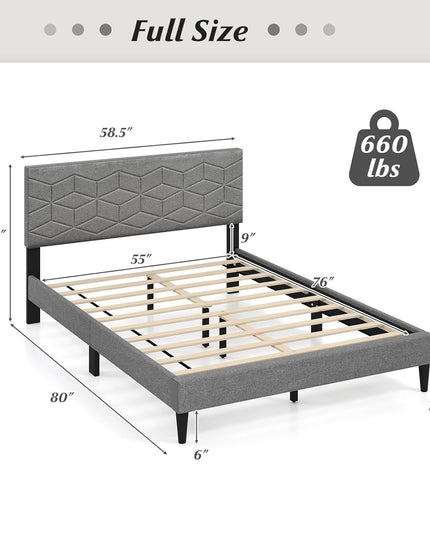 Lit plateforme moderne Giantex avec tête de lit géométrique en tissu de lin | Pas besoin de sommier tapissier