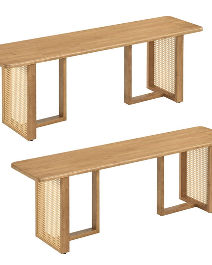 GIANTEX 55" Boho Rattan Dining Bench with Rubber Wood Frame (1/2)