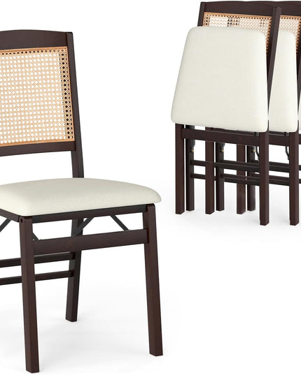 Giantex Rubber Wood Kitchen Chair w/Linen Padded Seat & Rattan Backrest No Assembly