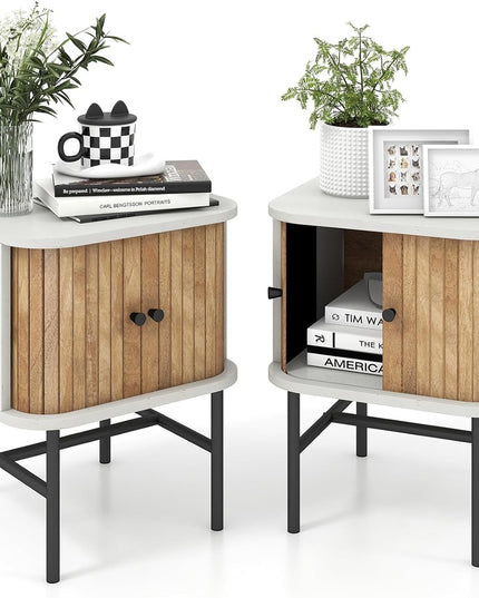Giantex Mid-Century Modern Nightstand, Wood Bedside Table with Sliding Doors and 4 Metal Legs