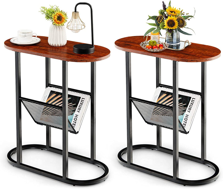Giantex Oval Narrow Side Table, Small End Table with Magazine Rack Sling Holder Pouch