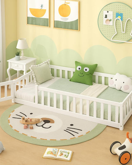 Giantex Floor Bed with Door & Fence Kids Wood Montessori Bed