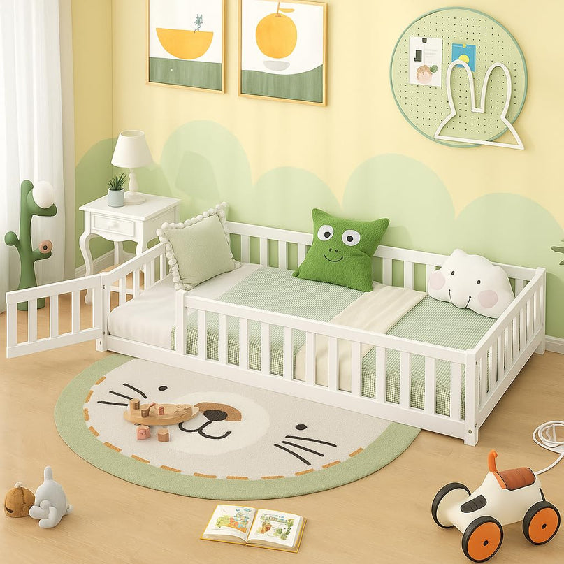 Giantex Floor Bed with Door & Fence Kids Wood Montessori Bed