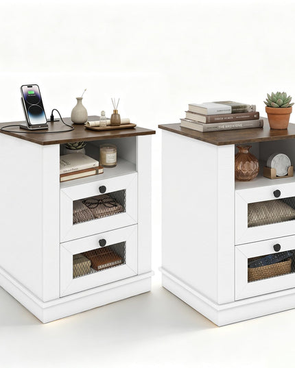 GIANTEX 2-Drawer Nightstand with Charging Station & Open Storage (1/2)