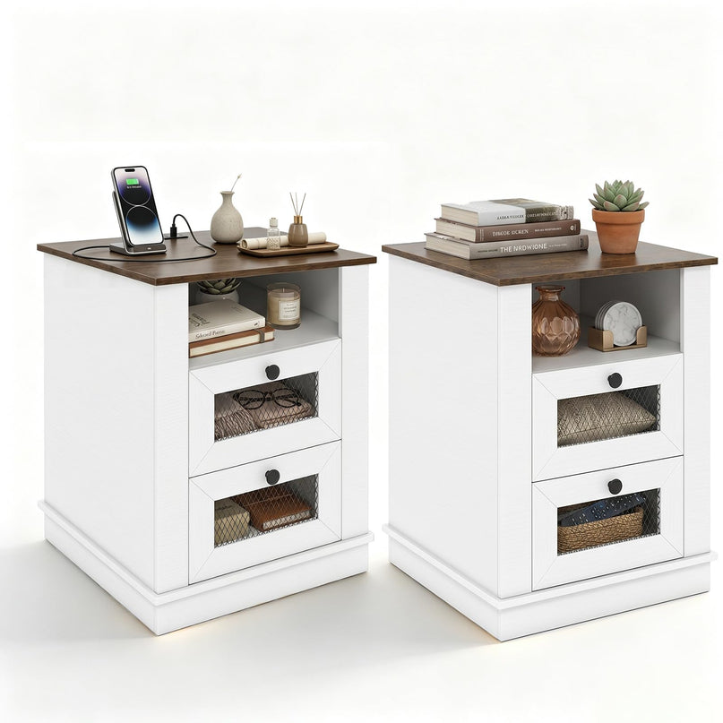 GIANTEX 2-Drawer Nightstand with Charging Station & Open Storage (1/2)
