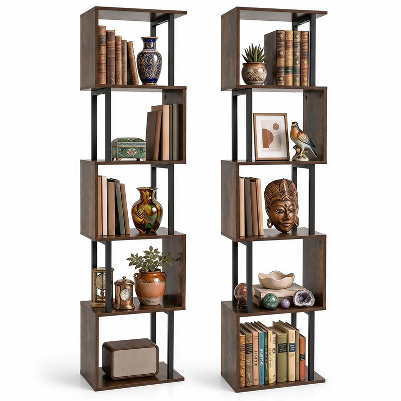GIANTEX 5-Tier S-Shaped Wood Bookcase w/Metal Frame (1/2)