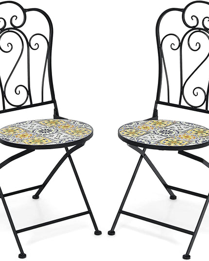 Giantex 2 Pieces Folding Bistro Chairs, Mosaic Patio Chairs with Ceramic Tiles Seat and Exquisite Floral Pattern