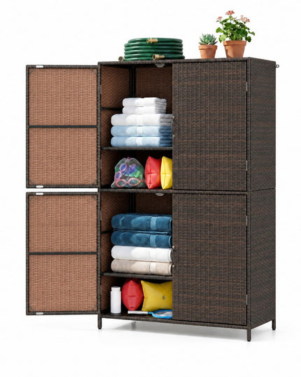 GIANTEX 4-Door PE Rattan Outdoor Storage Cabinet w/ Adjustable Shelves & Anti-Toppling Device