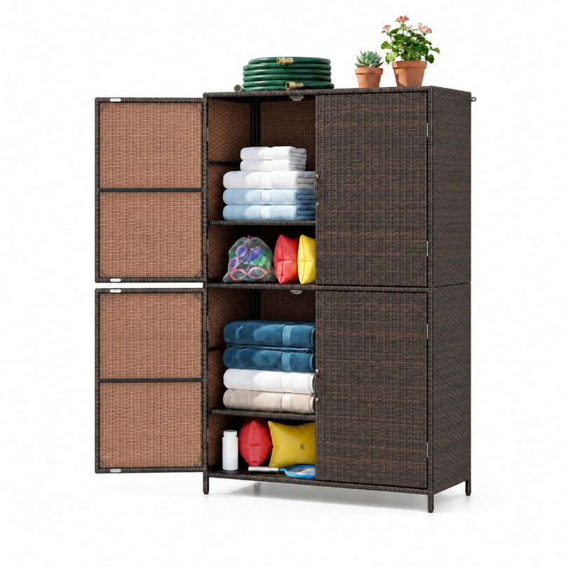 GIANTEX 4-Door PE Rattan Outdoor Storage Cabinet w/ Adjustable Shelves & Anti-Toppling Device