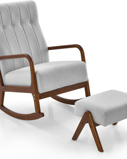 Giantex Rocking Chair with Ottoman, Upholstered Rocker Chair with Solid Rubber Wood Frame