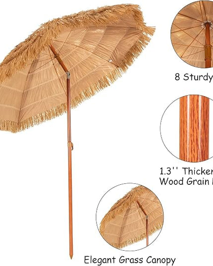 Giantex Thatched Tiki Umbrella, Hawaiian Style Patio Grass Umbrella with 8 Ribs & Tilt Adjustment