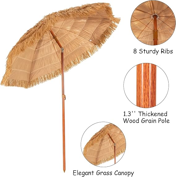 Giantex Thatched Tiki Umbrella, Hawaiian Style Patio Grass Umbrella with 8 Ribs & Tilt Adjustment