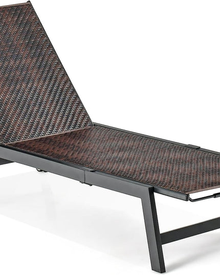 Giantex Patio Chaise Lounge Chair - Outdoor PE Rattan Recliner Chair with Wheels, 5-Position Adjustable Backrest