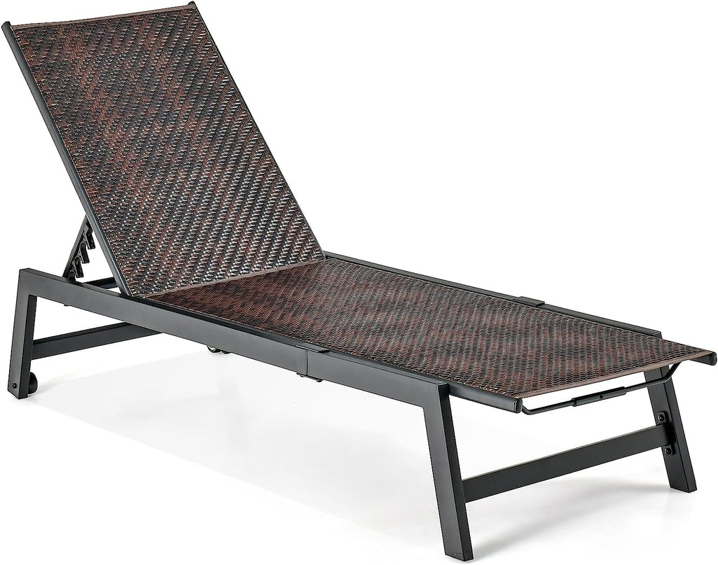Giantex Patio Chaise Lounge Chair - Outdoor PE Rattan Recliner Chair with Wheels, 5-Position Adjustable Backrest
