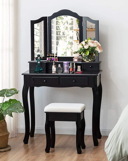 Vanity Table Set with Tri-Folding Mirror and 4 Drawers - Giantexus