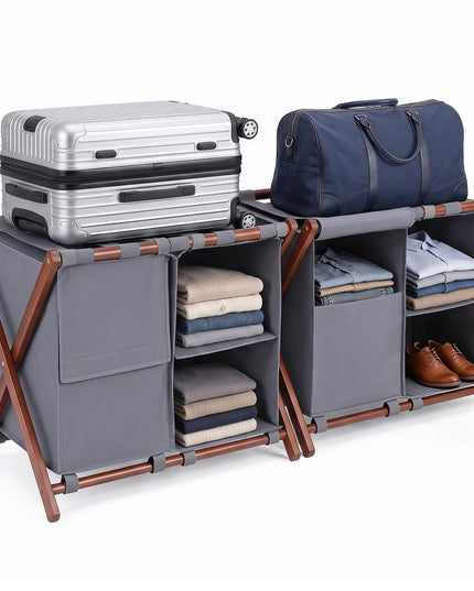 GIANTEX 27" Folding Bamboo Luggage Rack with 3 Storage Compartments (1/2)
